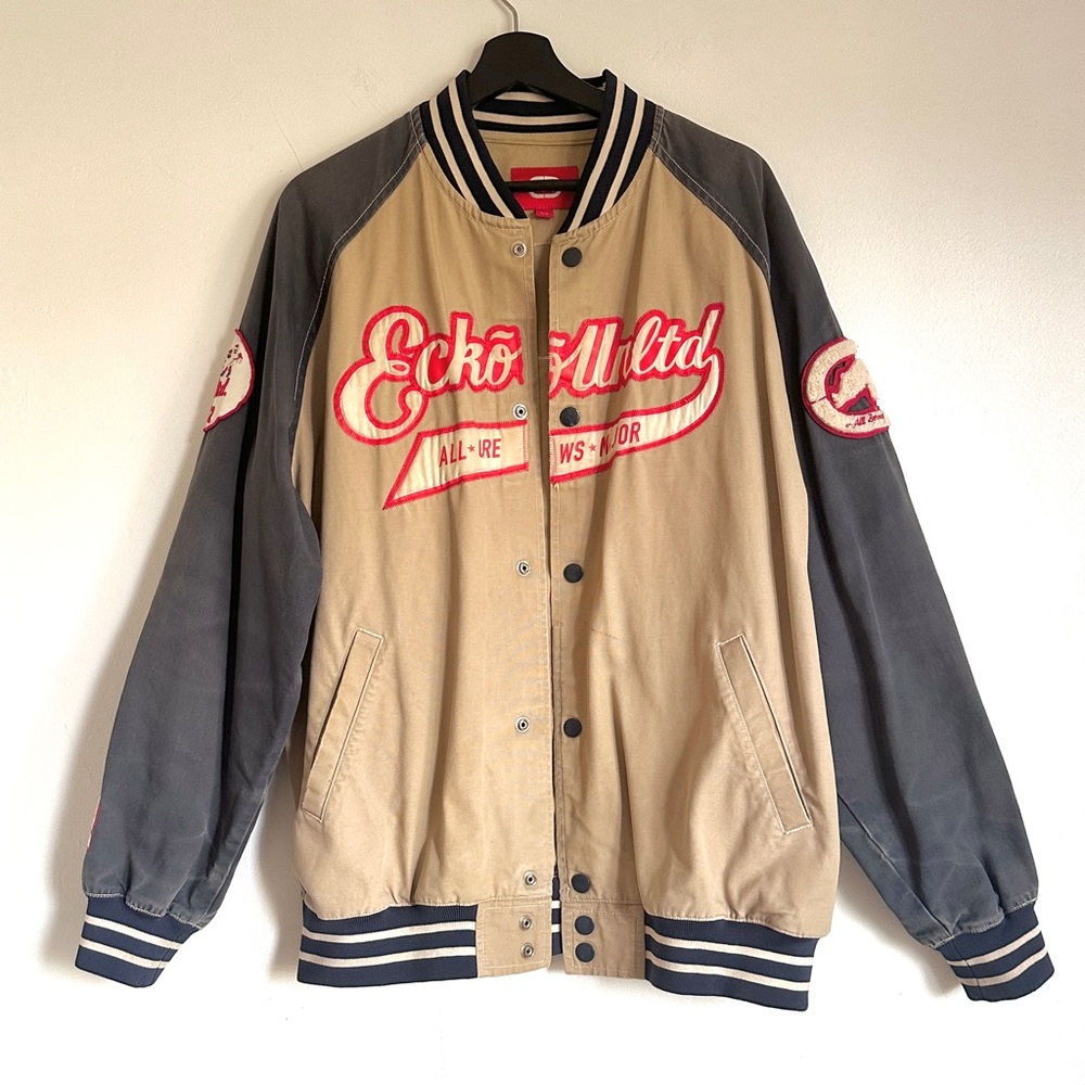 Ecko Unlimited Varsity Bomber Jacket 100% Cotton Canva Patched L Vintage USA